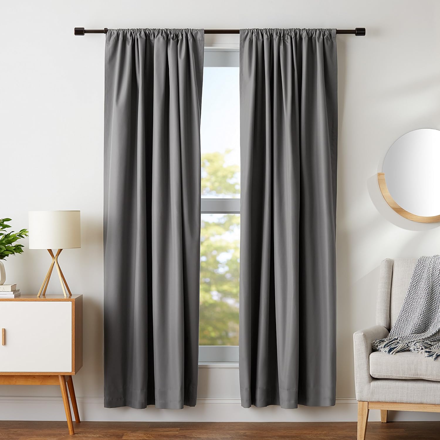 AmazonBasics Room Darkening Blackout Window Curtains with Tie Backs Set, 52" x 84", Dark Grey