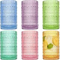 ZOOFOX Set of 6 Vintage Drinking Glasses, 12 Oz Colored Hobnail Glasses Tumbler, Embossed Design Glass Tumblers Set for Water