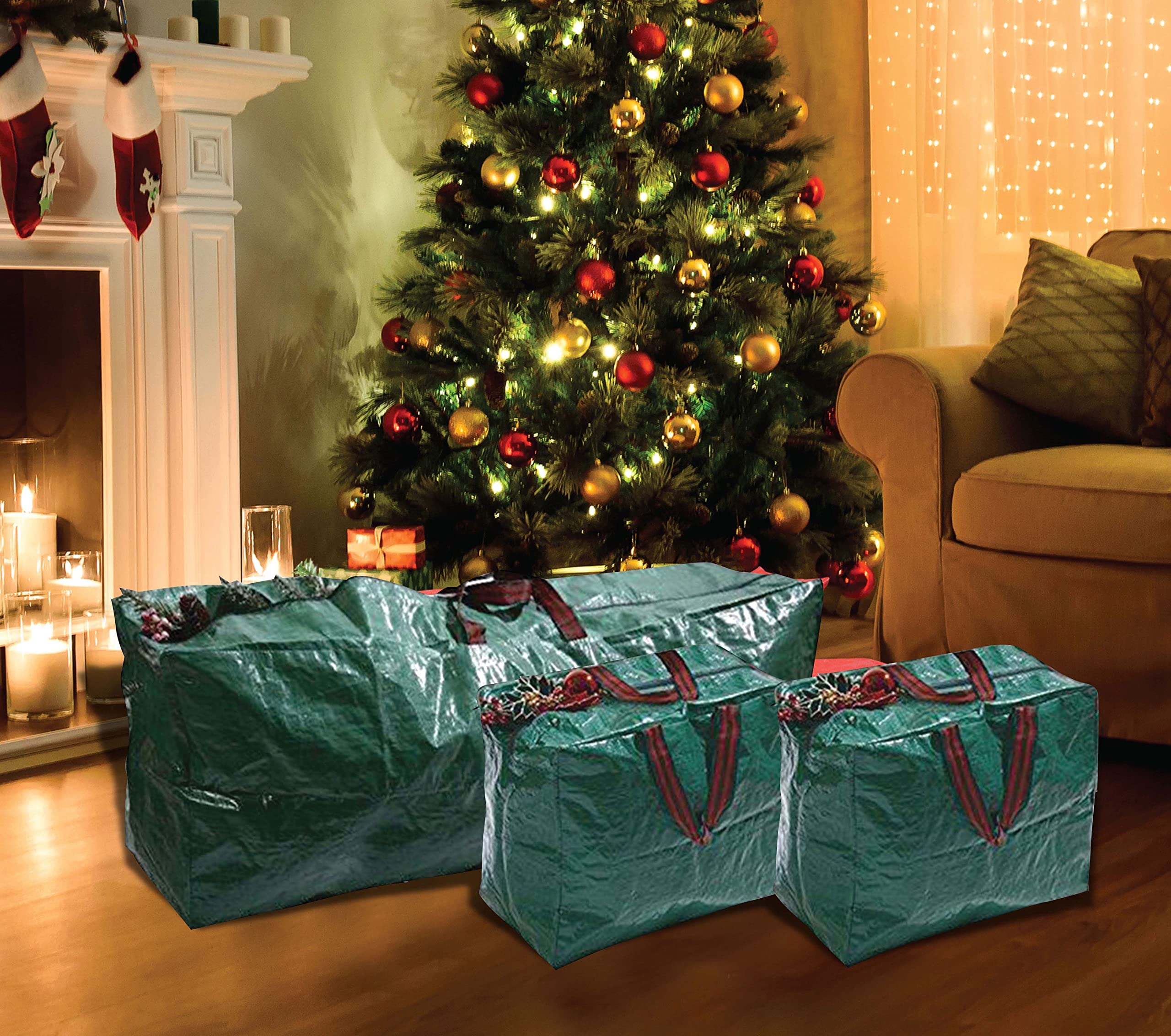 Vivo 3 Pack Large Jumbo Christmas Storage Zip Bags for Trees up to 9ft, Decorations and Lights With Heavy Duty Handles