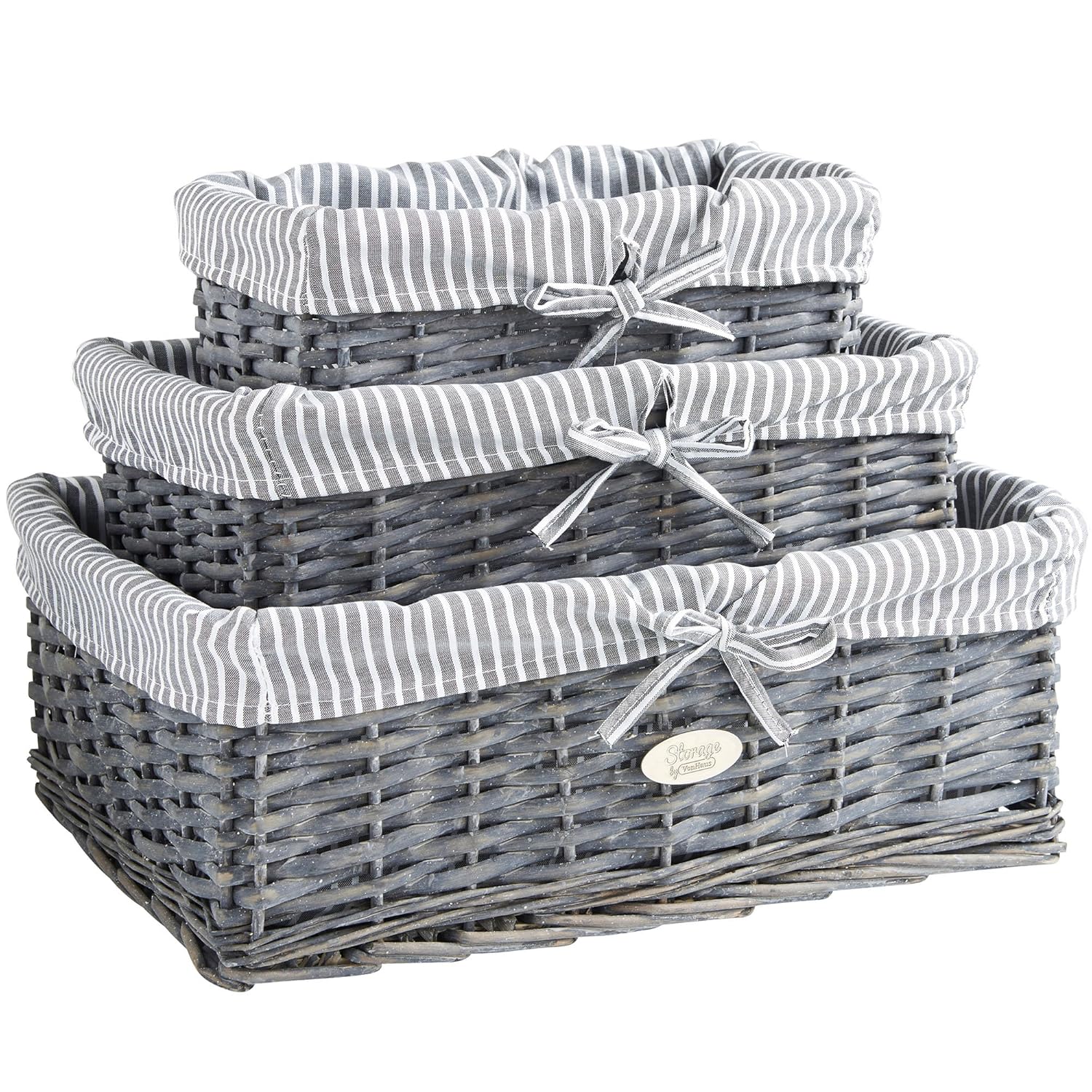 VonHaus Set of 3 Natural Wicker Storage Baskets Display Hamper for