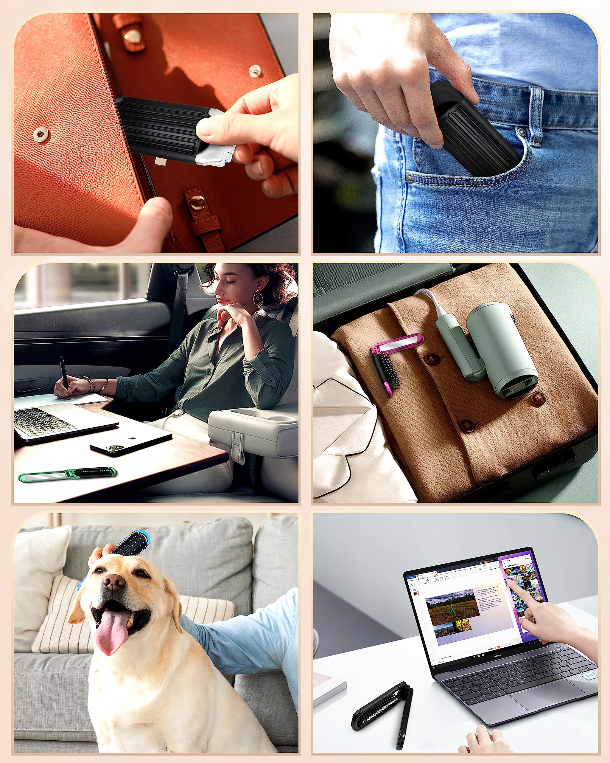 6 PCS Folding Travel Hairbrush Set with Compact Mirror for Women - Mini Pocket Brush with Mirror for Purse and Girls
