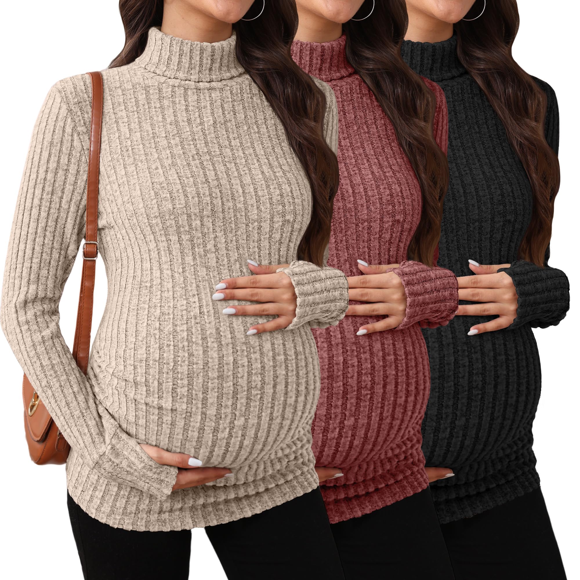Photo 1 of (small) Sweetyweee 3 Pack Maternity T-Shirts Pregnancy Tops Women Sweater Long Sleeve Turtleneck Ribbed Finger Sleeve Outfits(Light Brown, Dark Pink, Black,)