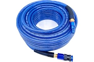 SYXQT Polyurethane(PU) 1/4-Inch x 100FT Reinforced, Air Hose with 1/4” Swivel Solid Aluminum Colored Universal Quick Coupler and Plug, Bend Restrictor,Dark Blue