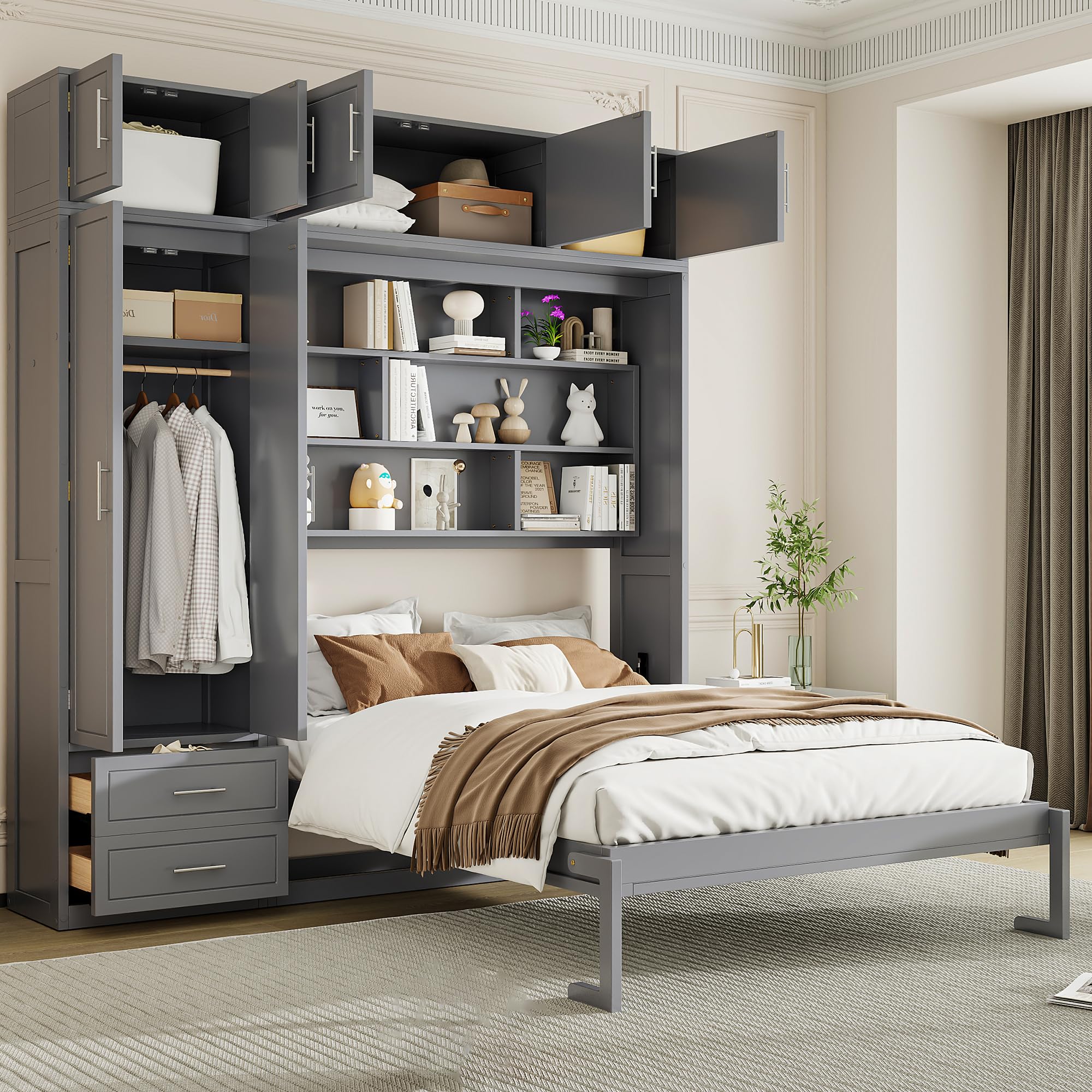 Photo 1 of *Missing Parts*
Merax Queen Size Murphy Bed with Top Cabinet, Shelves and Wardrobe, Fold into The Wall, Space-Saving Design Foldable Platform Bed Frame, Multifunctional Bed for Bedroom, Guest Room, Home Office, Gray