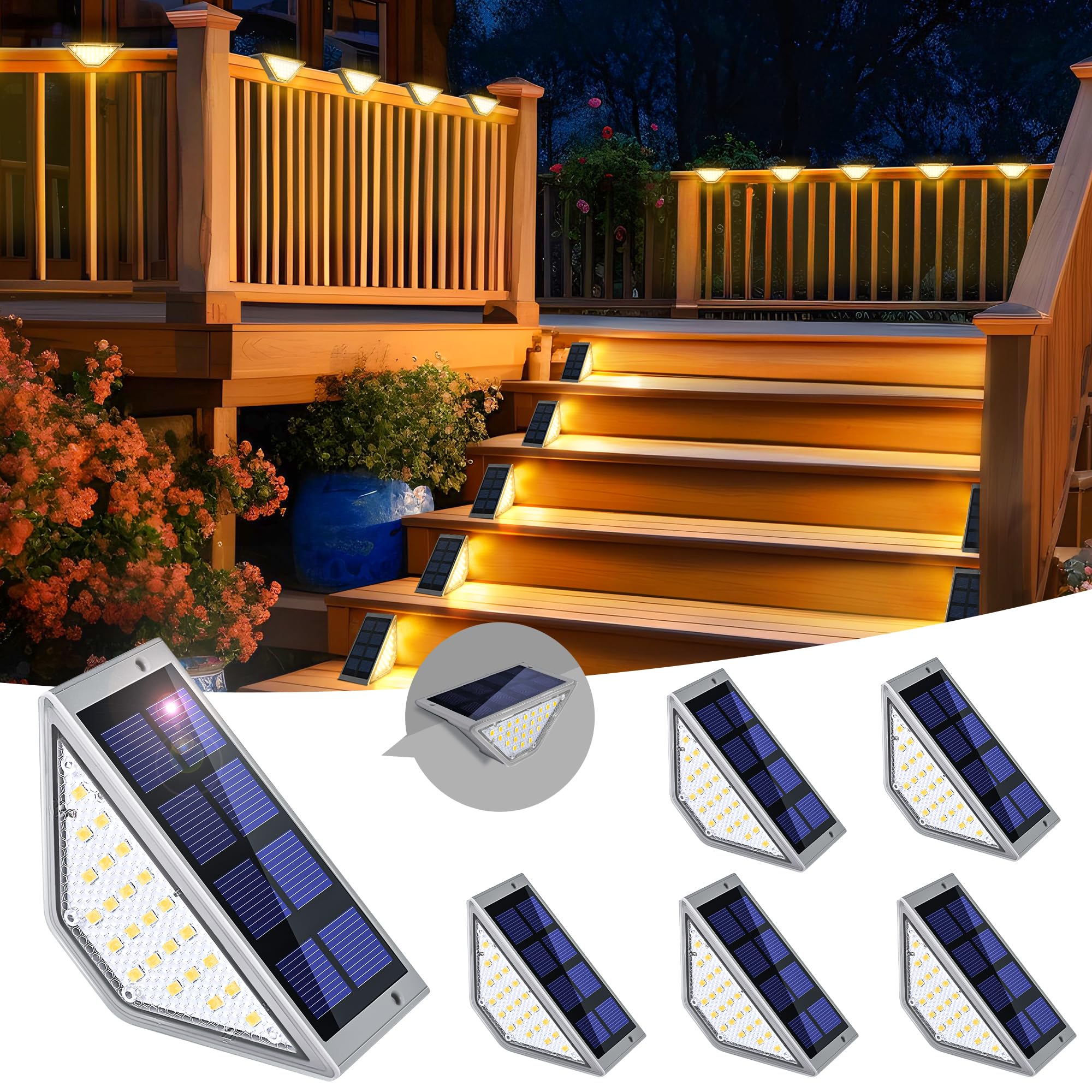 Solpex Solar Step Lights 6 Pack,Solar Powered Deck Lights of Waterproof for Stair Deck Porch Patio Fence Garden Yard (Warm White,Grey)