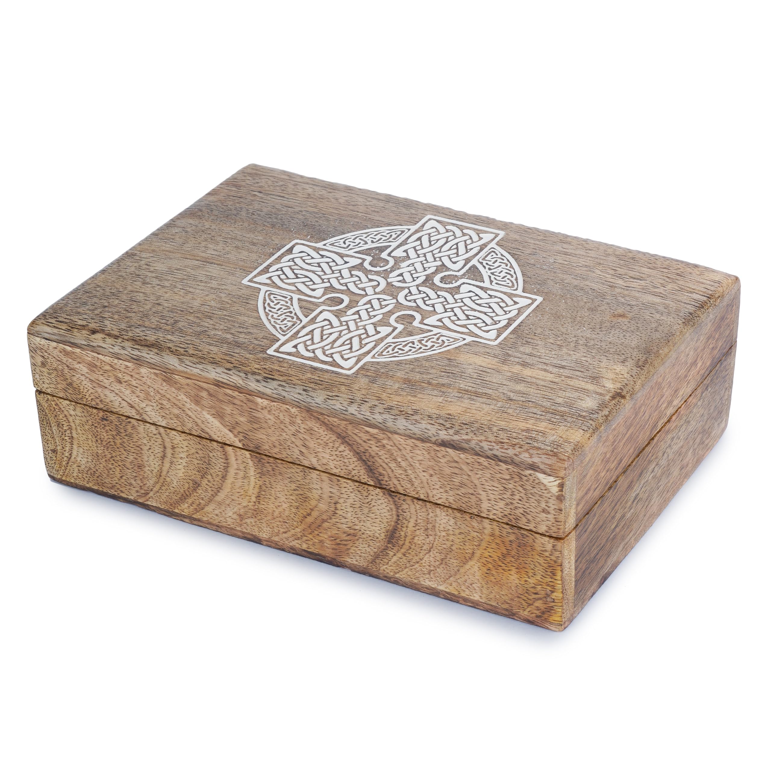 Ajuny Small Wooden Box Celtic Cross Trinket Box for Memory Keepsake Tarot Card Wood Gift Box Decorative Storage Jewellery Organizer for Men and Women - 8X5 Inch