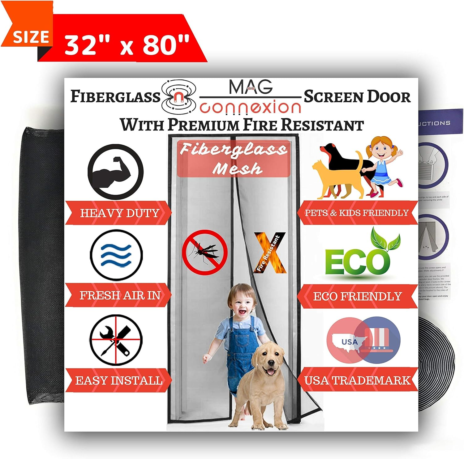 Mag-Connexion Fiberglass Screen Door | Bug & Mosquito, Fire and Rip Proof, Kids & Pets Friendly (32"x80" - Fits Door Size up to 30"x79", Black)