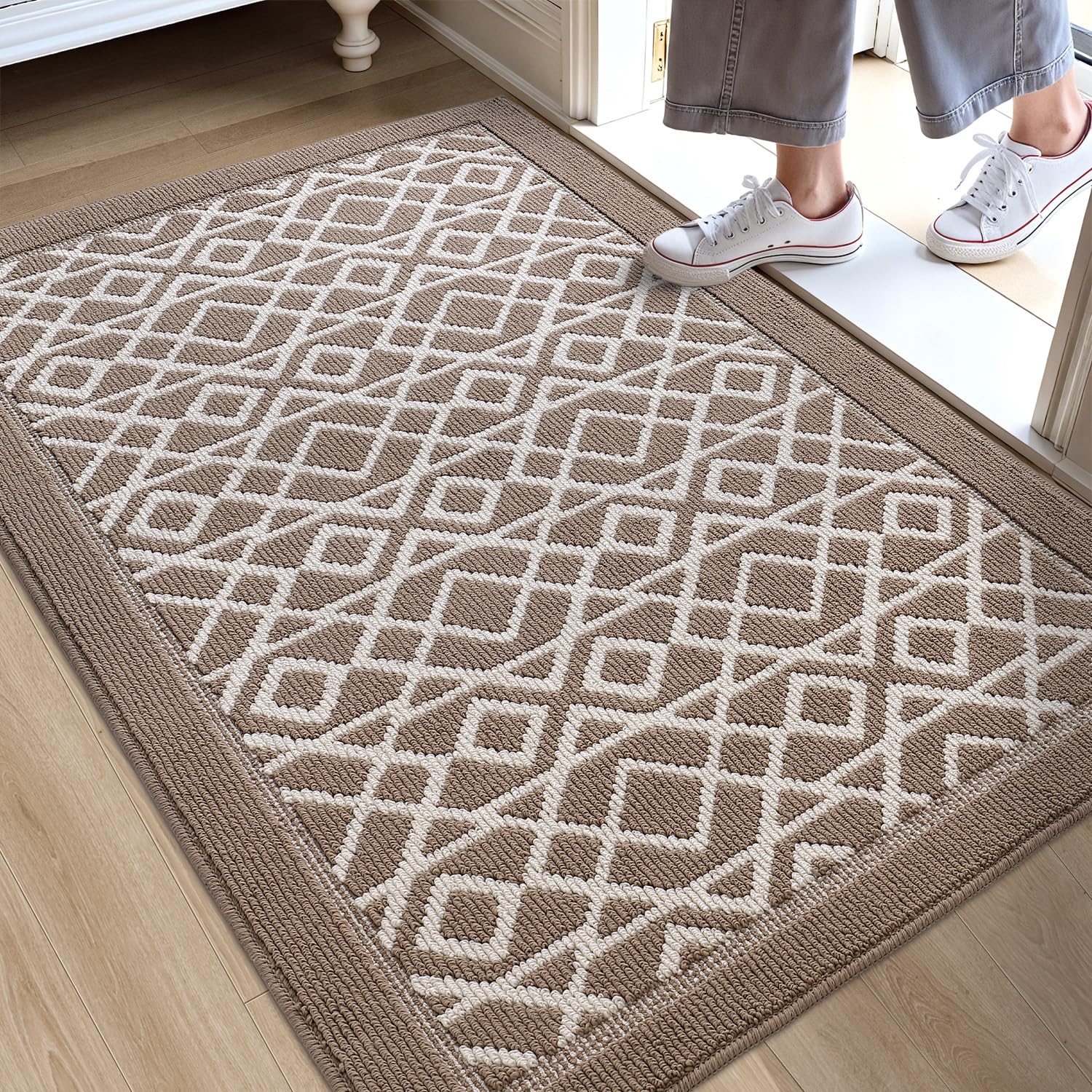 Photo 1 of DEXI Front Door Mat 32x48, Washable Entryway Mat with Non Slip Backing, Low Profile Absorbent Moisture Dirt Trapper Entrance Floor Mats for Entry Inside House, Beige