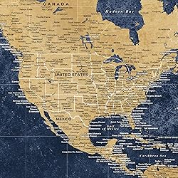 HolyCowCanvas Gold & Navy World Travel Map with