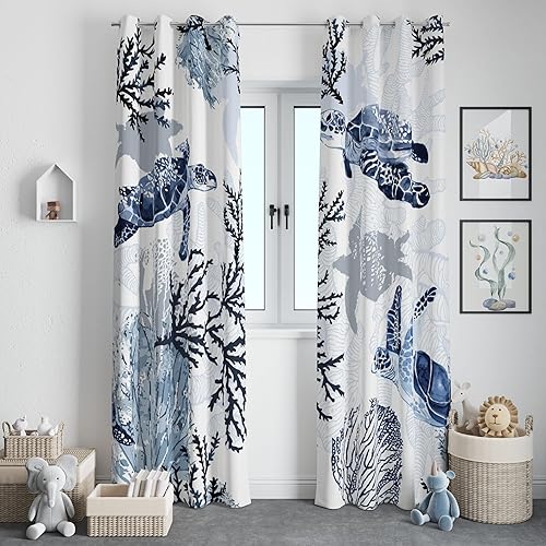 Turtle Curtains,Sea Turtle Tropical Ocean Beach Teal Starfish Coral Watercolor Darkening Grommet Window Treatment Drapes 26x84in,2 Panel Set