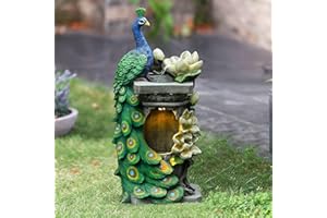 LUXENHÖME LuxenHome 32" Peacock and Flower Polyresin Colorful Water Fountain Outdoor with LED Lights, Floor Stacked Outdoor Fountains and Waterfalls, Decorative Garden Fountain
