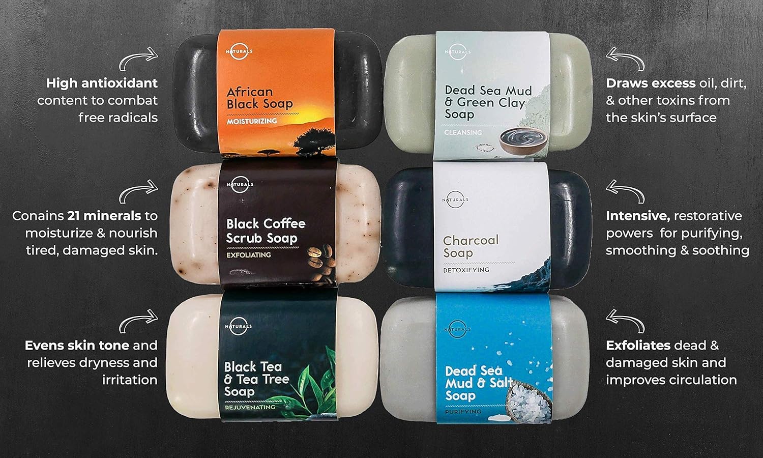 O Naturals 6-Piece Black Bar Soap Collection. 100% Natural. Organic Ingredients. Helps Acne, Repairs Skin Moisturizes, Deep Cleanse, Luxurious Face Hands Body Soap Women & Men. Triple Milled Vegan 4oz : Beauty