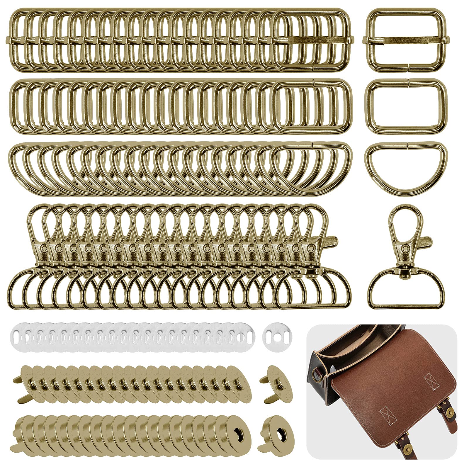 Wokape 100Pcs 4 Styles 1" Purse Hardware Buckles Set with 18mm Magnetic Snap Buttons, Include D Rings, Swivel Clasps, Slide buckles, Metal Rectangle Ring Buckles (Bronze)