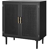 Finnhomy Sideboard Buffet Kitchen Storage Cabinet with Black Painted Rattan Decorated Doors, Dining Room, Hallway, Cupboard C