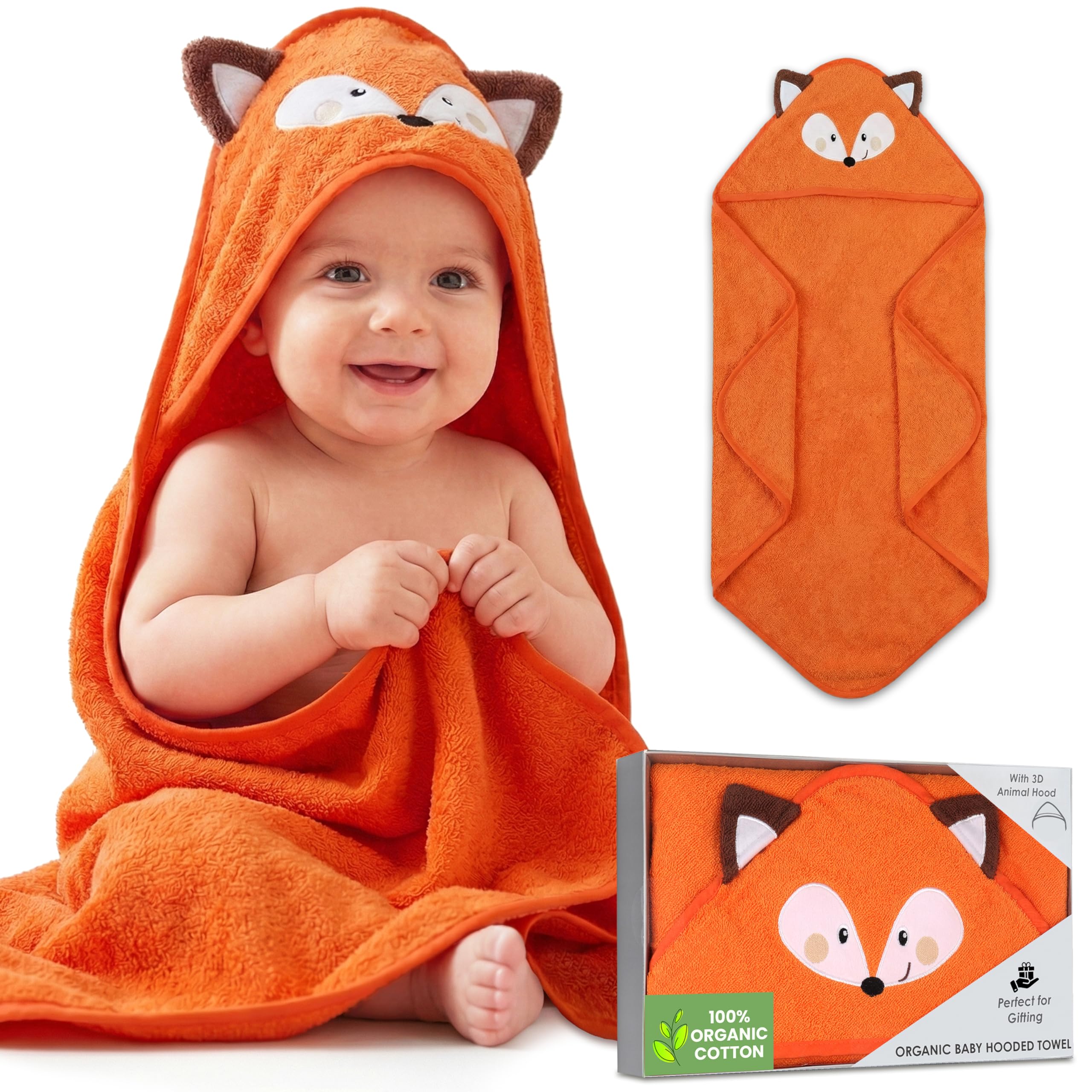 Mother's Choice Baby Poncho with Hood Ultra Soft & Absorbent Bath Wearable for Newborns, Infants, 3D Orange Fox Design