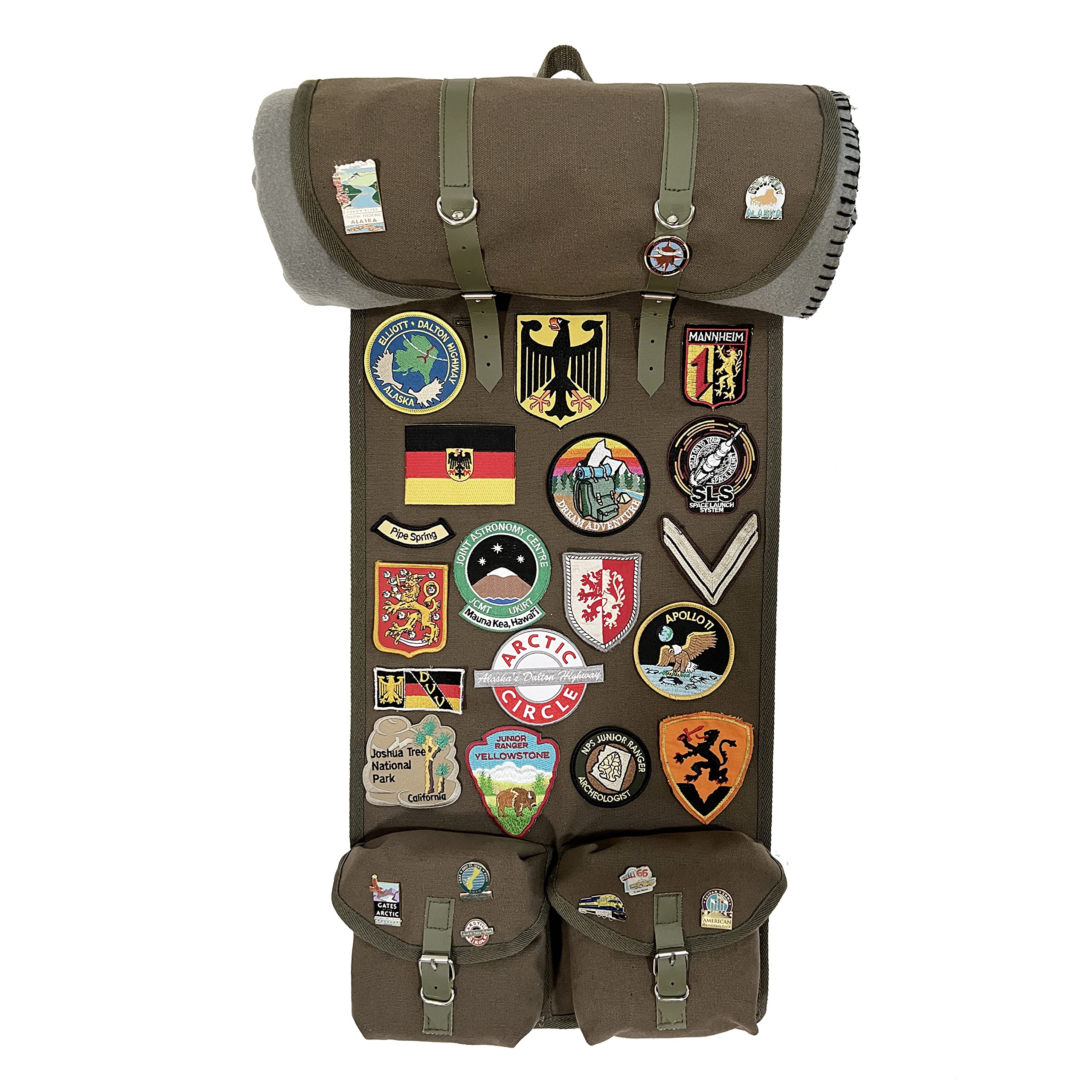 WWII Indiana Jones Style Mountain Rucksack Display Banner/Enamel Pin & Patch Organizer