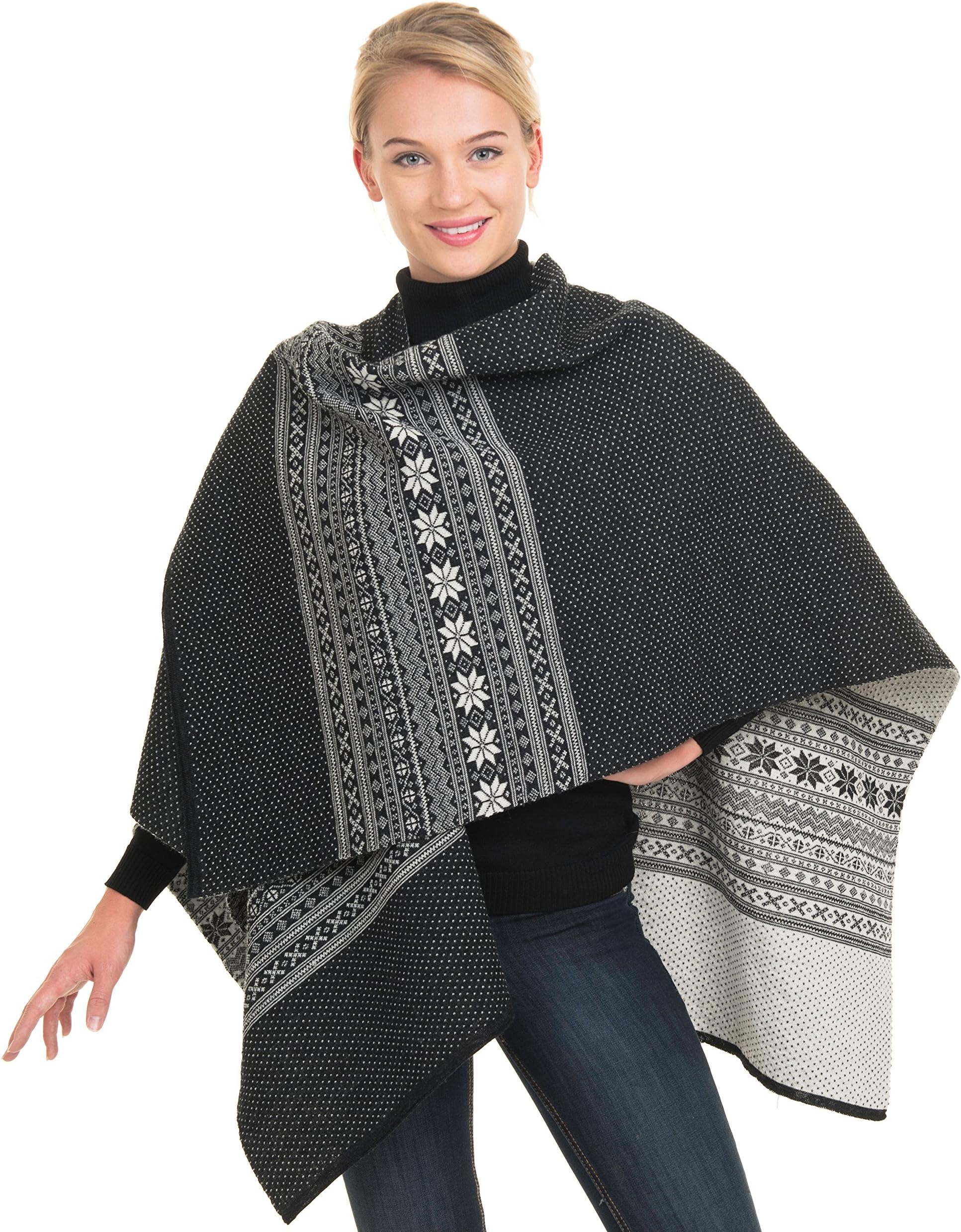 Norwegian Womens 100% Merino Wool Wrap Cape Shawl Poncho Sweater Coat