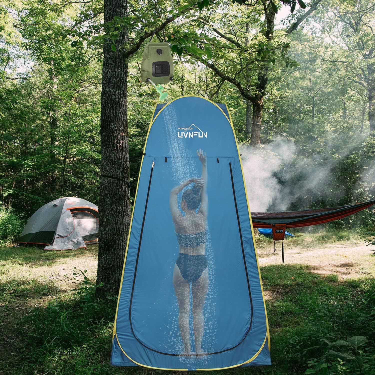6.9 FT Pop Up Camping Shower Tent, Portable Changing Room Privacy Shelter Tent for Outdoor Camping Toilet with Carrying Bag, Extra Tall - Blue: Sports & Outdoors