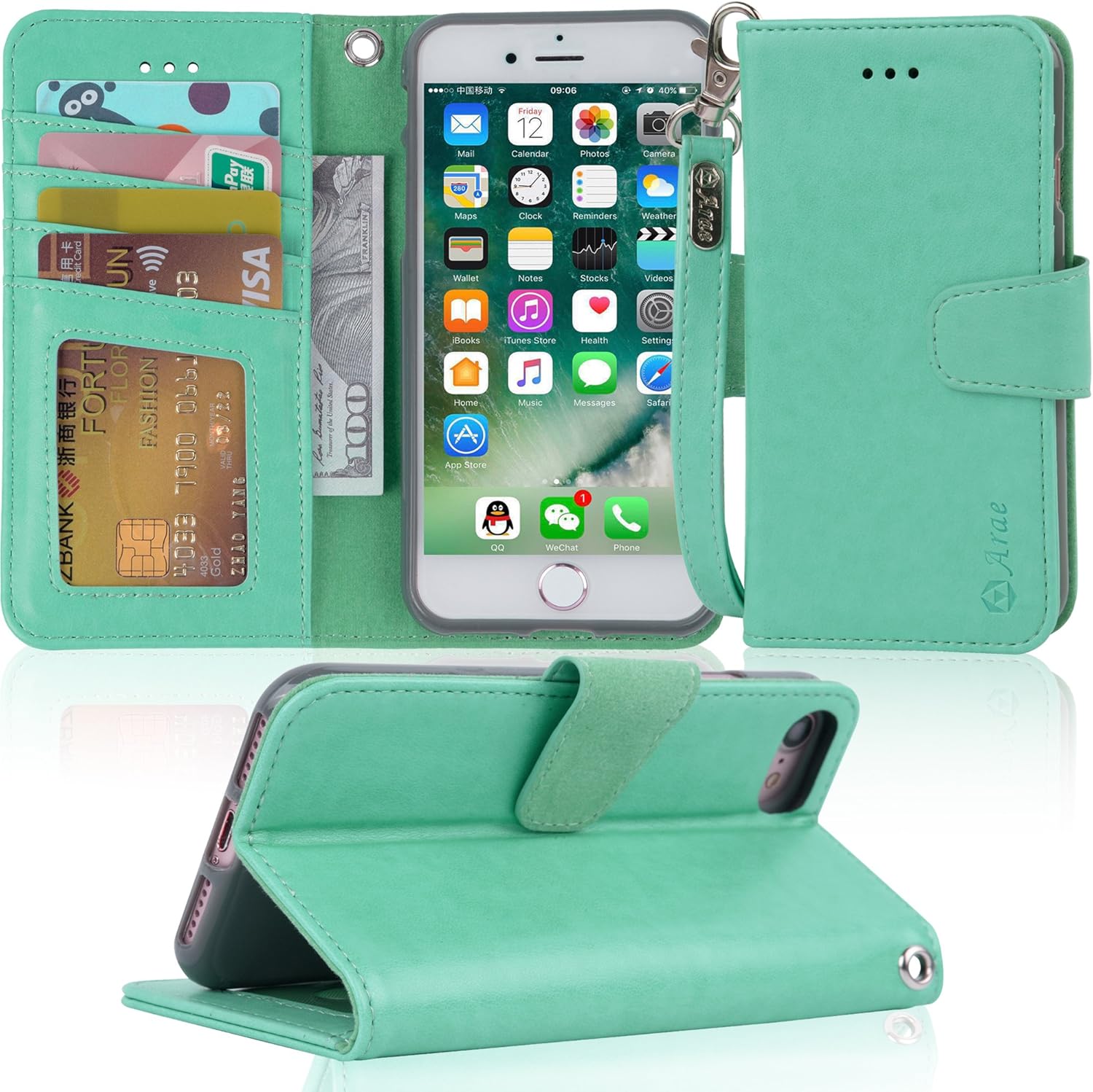 Arae Case for iPhone 7 / iPhone 8 / iPhone SE 2020, Premium PU Leather Wallet Case with Kickstand and Flip Cover for iPhone 7 / iPhone 8 / iPhone SE 2nd Generation 4.7 inch - Green