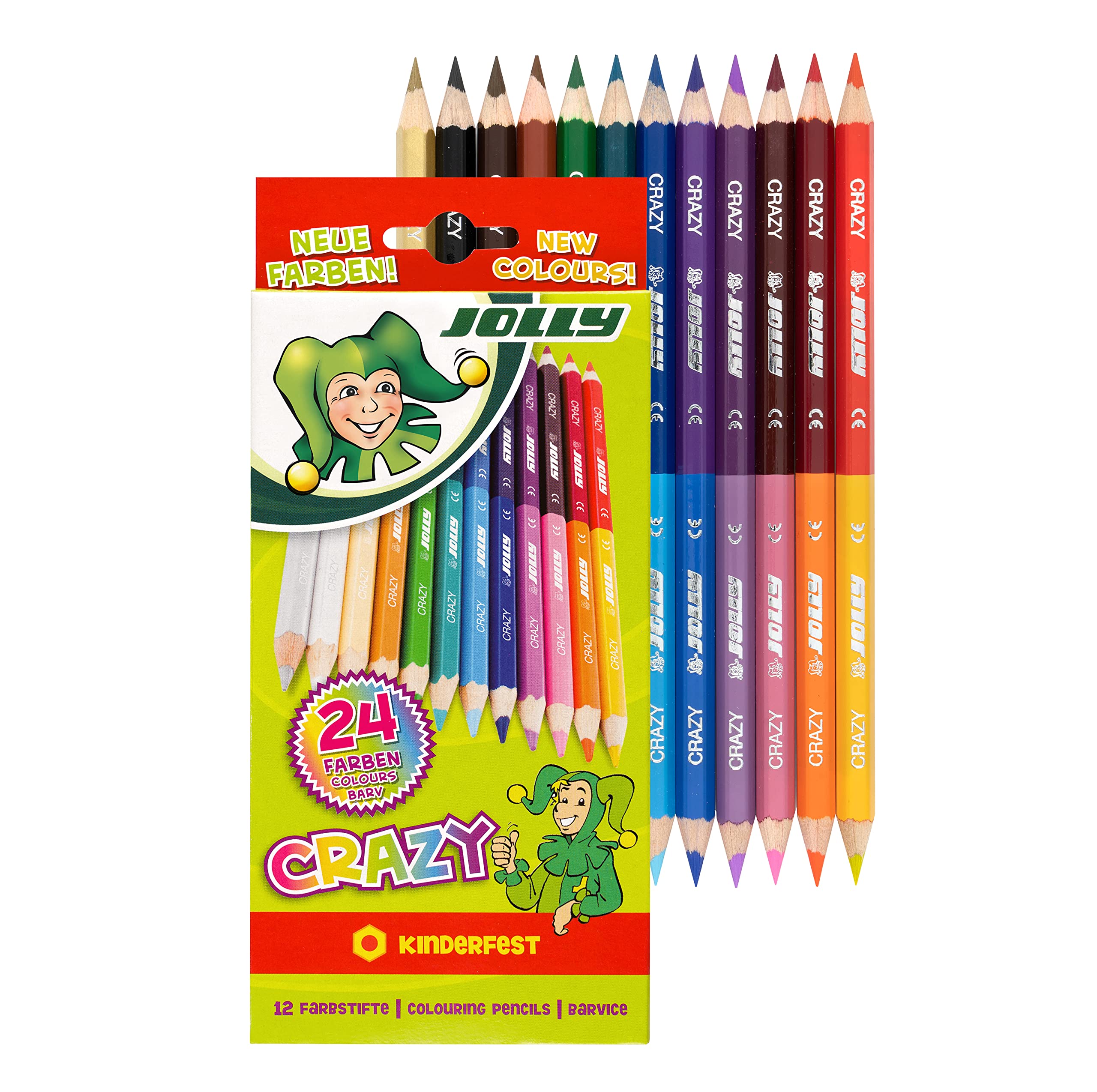 JOLLY Superstick Crazy Colouring Pencils, 24 Colours with 12 Colouring Pencils, Child Safe and Shatterproof, Non-Toxic, Extra Thick Lead, 12 Pencils in Cardboard Case