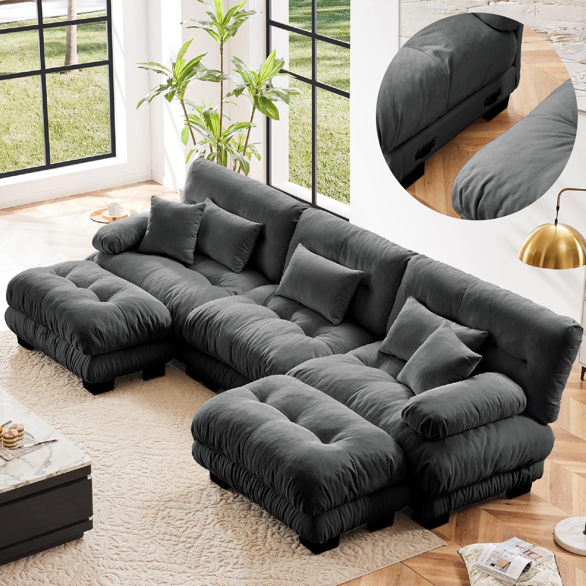 Photo 1 of ***PARTIAL SET*** KEIKI 133" Sectional Sofa with Removable Ottomans, Gray 5 Seat U Shaped Sleeper Cloud Couch Set, Comfy Chenille Upholstered Modular SofaBed for Apartment Living Room, Throw Pillows, Dark Grey