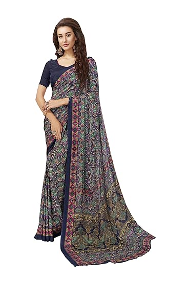 Womens Crepe Silk Printed Saree With Blouse(fusion-8309-b,Blue)