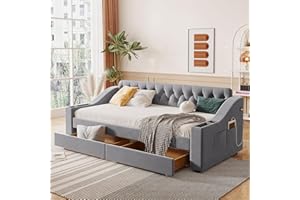 BIADNBZ Twin Size Upholstered Daybed with Storage Armrests and Two Drawers, USB Port&Side Pockets Design, Modern Velvet Fabric Day Bed Frame, for Bedroom Living Room, Gray