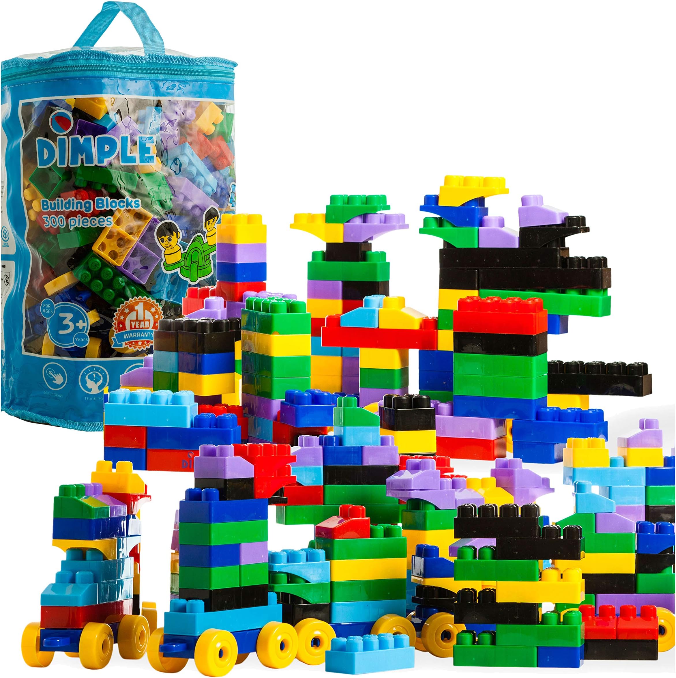 Dimple Soft Plastic Large Multi Colored Stacking Building Block Set Wheeled Trainpiece Carry Bag, Tons Fun, Great Gift Toy Kids Toddlers (300Piece) Non-Toxic, Bright Colors