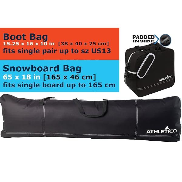 ATHLETICO PADDED TWO-PIECE SNOWBOARD AND BOOT BAG COMBO | STORE & TRANSPORT SNOWBOARD UP TO 165 CM AND BOOTS UP TO SIZE 13 | INCLUDES 1 PADDED SNOWBOARD BAG & 1 PADDED BOOT BAG (BLACK)