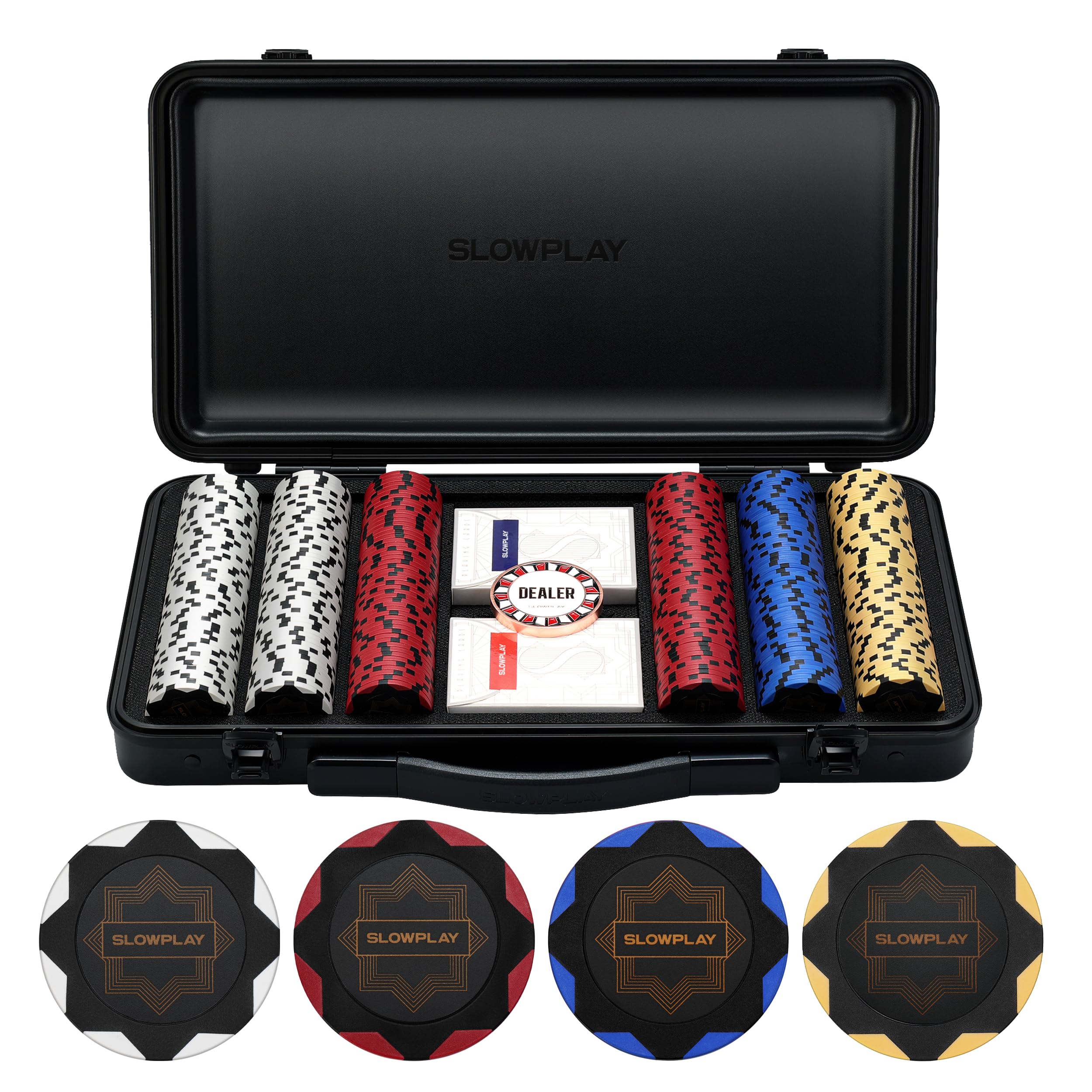 SLOWPLAY Nash 14g Clay Poker Chip Set for Texas Hold'em, 300 PCS [Blank Chips - Black Gold Edition] Features a Premium Case with Durable German Polycarbonate Shell