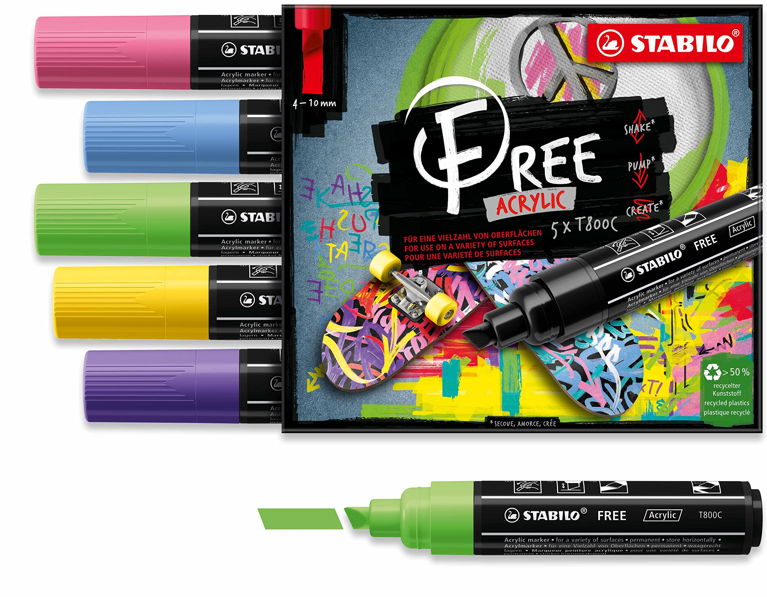STABILO Acrylic Marker FREE Acrylic - T800C 4-10 mm Bullet Tip - Seaside - Wallet of 5 - Assorted colours
