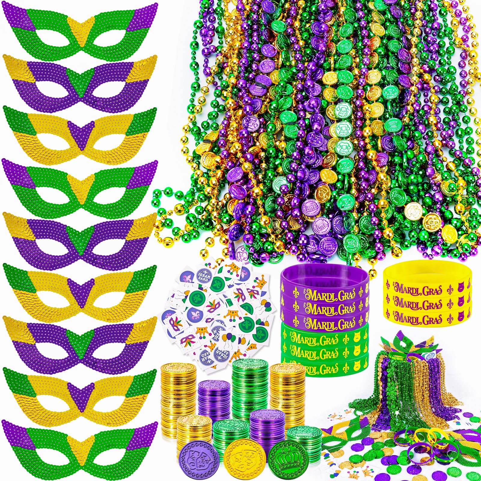 View 1 of ***MASKS AND BRACELETS ARE MISSING***MGparty 216 PCS Mardi Gras Accessories - Masks Beads Necklaces Coins Tattoos Bracelets Carnival Parade Masquerade Party Decorations Supplies***MASKS AND BRACELETS ARE MISSING***