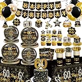 Yingoto 169pcs 60th Birthday Decorations for Men with Vintage Plates, Napkins, Cups, 2pc Waterproof Tablecloth, Banner, Cake Topper Black and Gold 60th Birthday Decorations 25 Guests