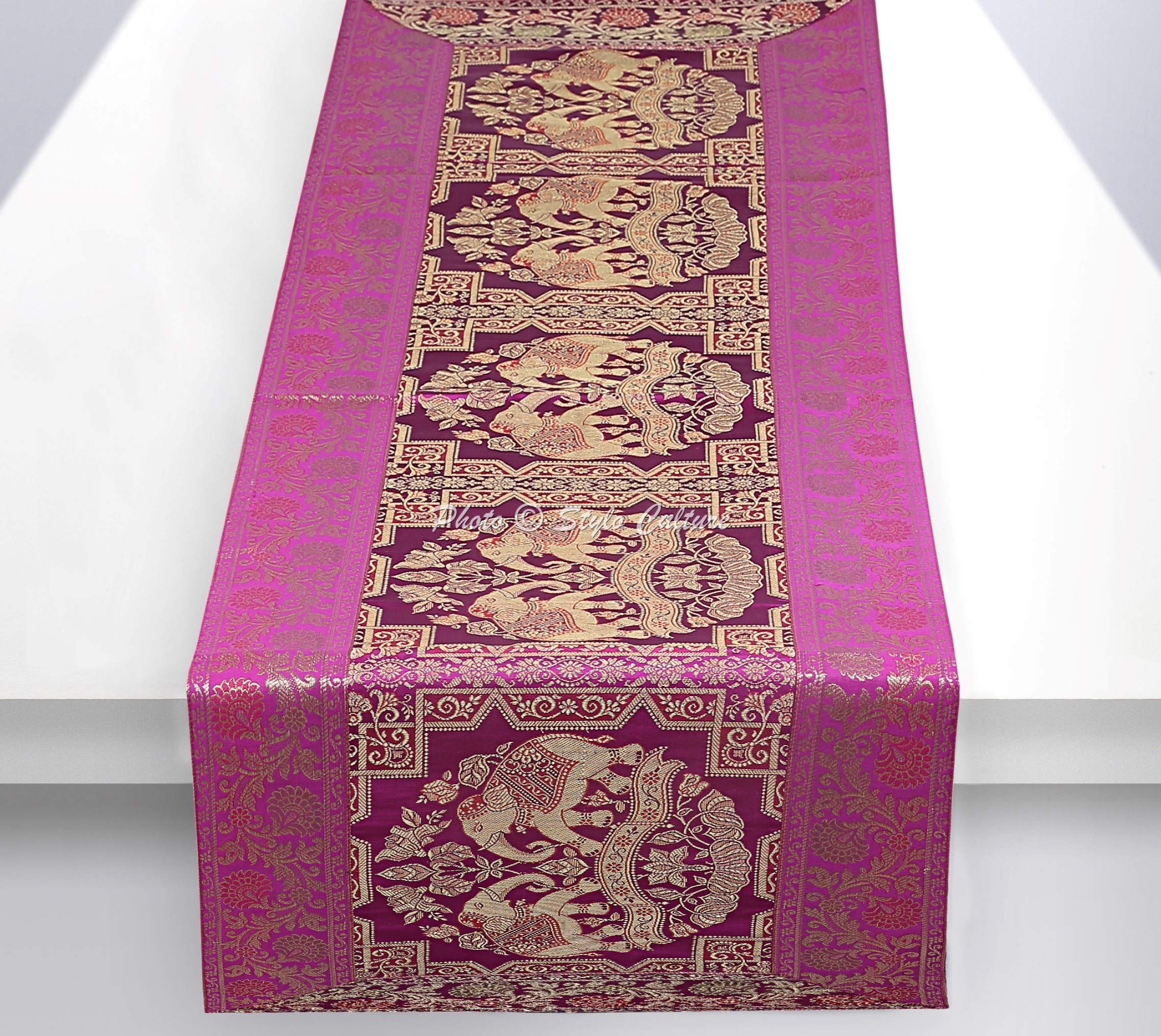 Stylo Culture Bohemian Dining Table Runner Purple Gold Elephant & Floral Brocade Jacquard Rectangle Home Decor Indian Coffee Table Cloth | 60x16 Inches ( 152 x 40 cm)