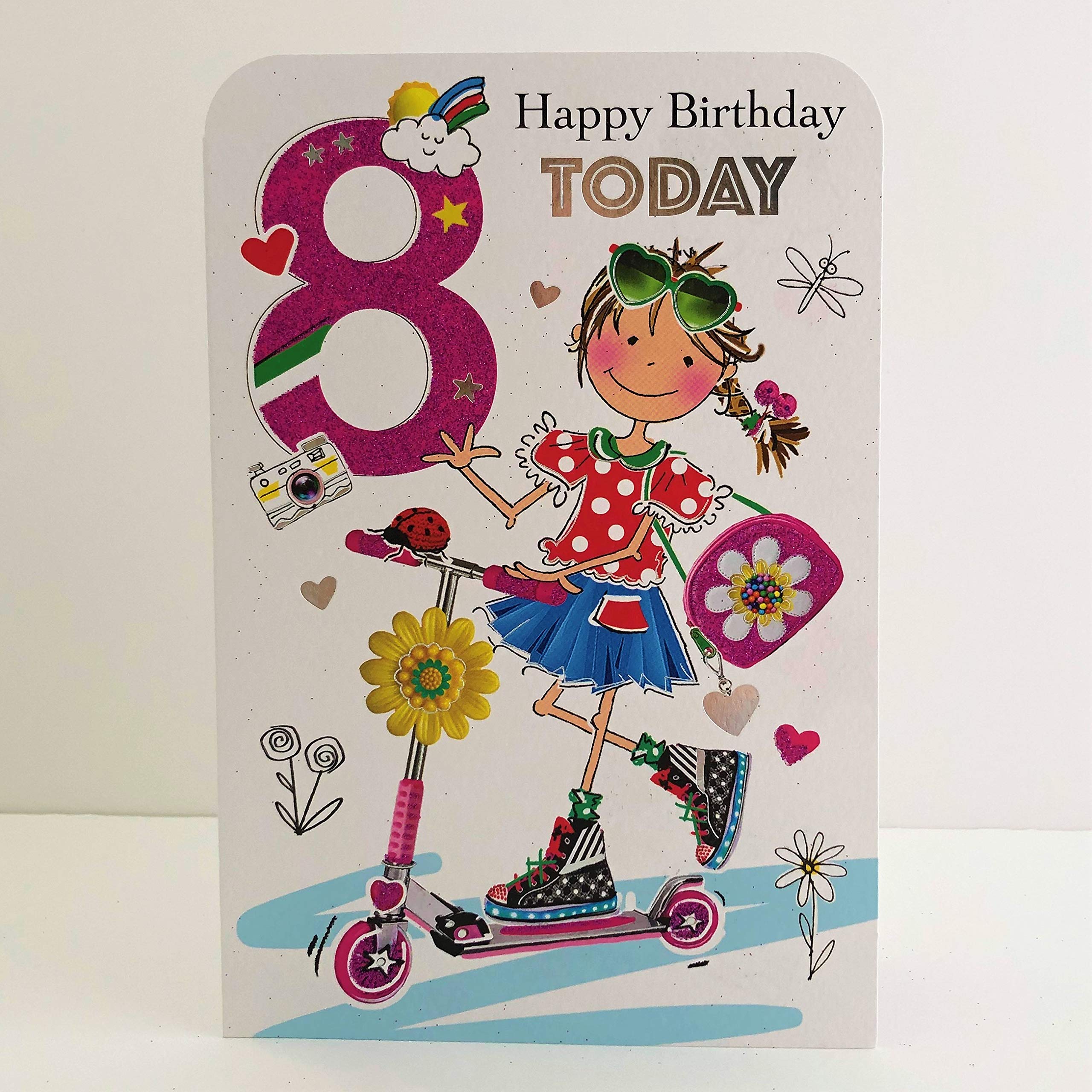 Jonny Javelin Girl Age 8 Birthday Card - Girl Scooter Camera