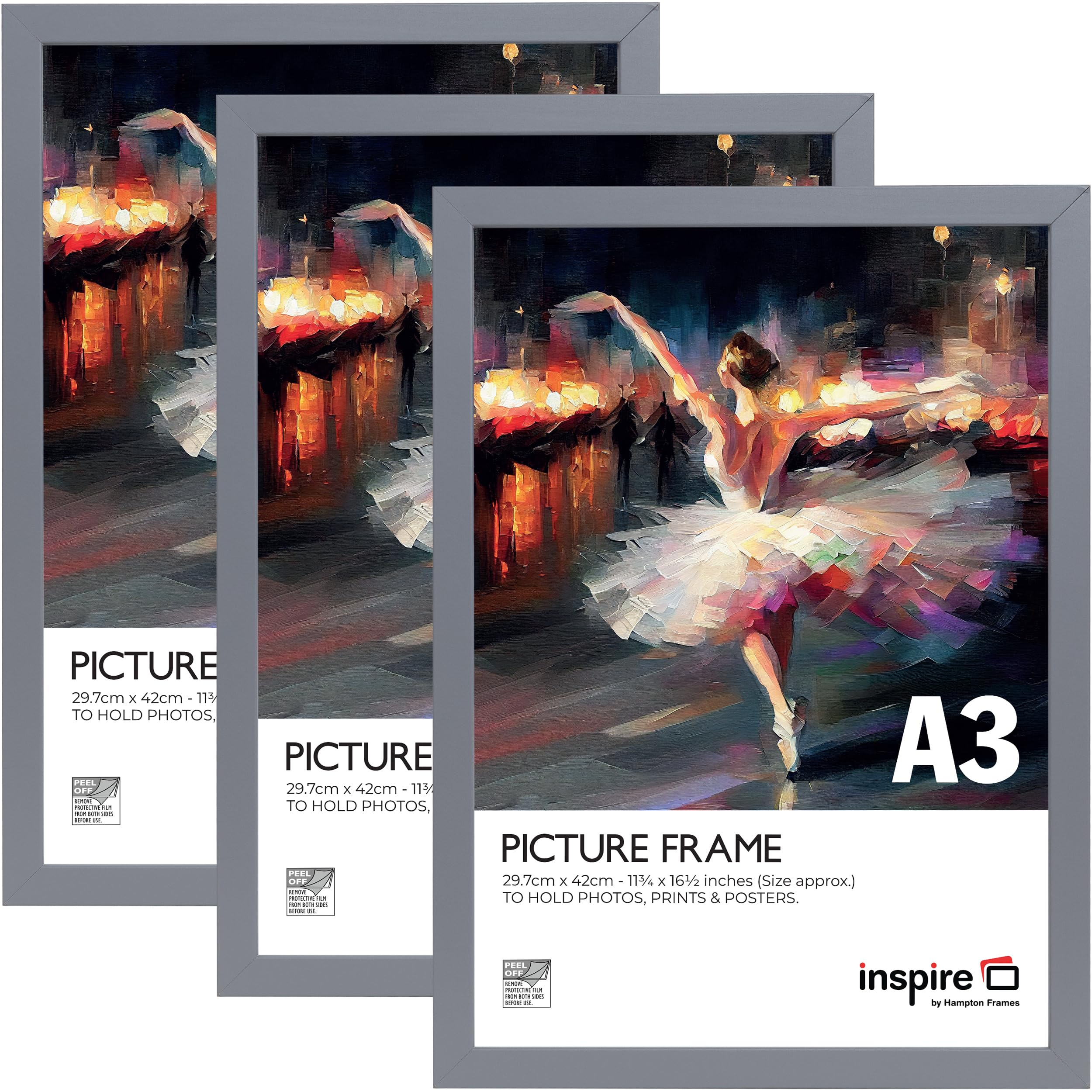 Inspire By Hampton WELFORD A3 (29.7x42cm) Light Grey Poster Frame Acrylic (Non-Glass) Front Pack of 3