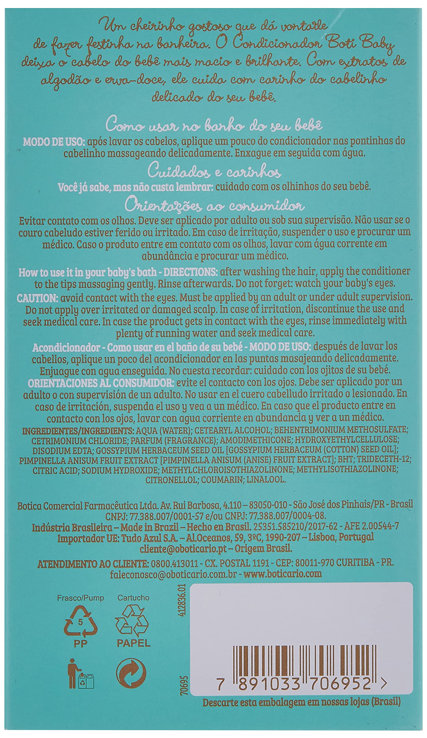 O Boticário Boti Baby Conditioner, Hypoallergenic & Tear Free, Vegan, Alcohol Free, Paraben Free & Dye Free, 200ml