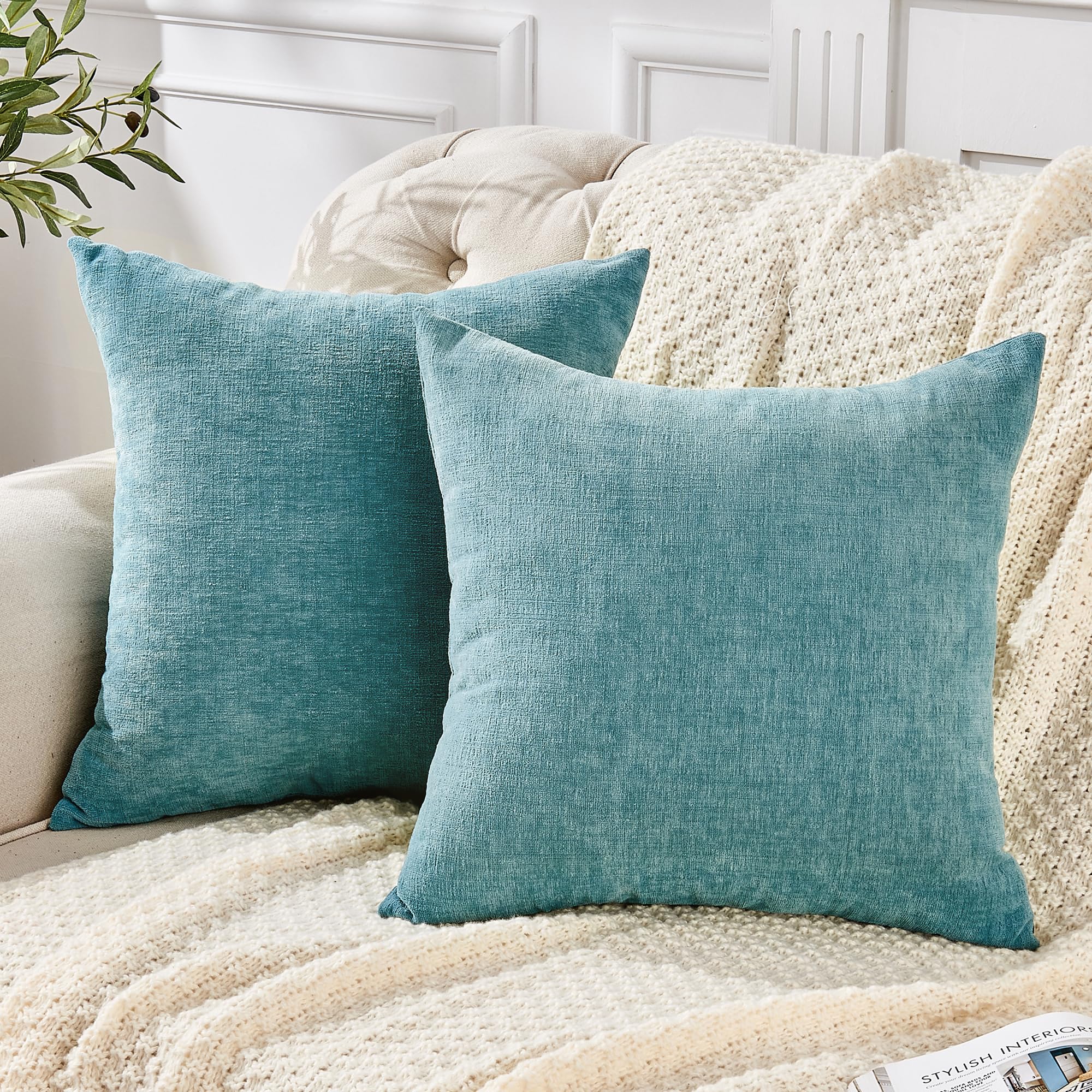 Photo 1 of GAWAMAY Decorative Chenille Throw Pillow Covers 24x24 Inch Pack of 2, Soft Square Couch Pillow Cover for Sofa Cushion Living Room Bedroom Solid Dyed Pillowcases Smoke Blue 60x60cm (ONLY Covers)