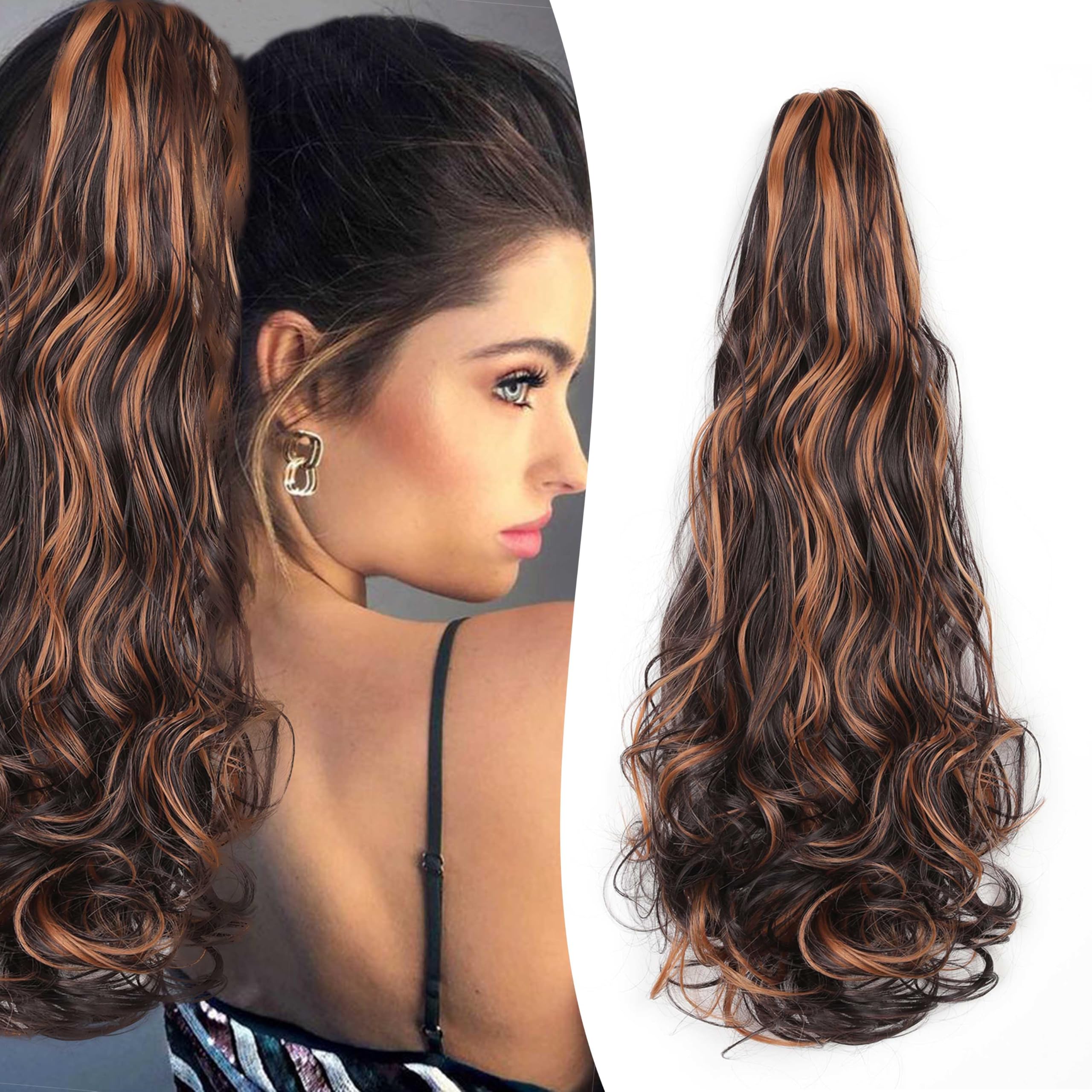 Gairyan 20inch Ponytail Extension Clip in Ponytail Hair Extensions Curly Wavy Pony Tails Claw on Ponytail Long Wave Synthetic Hairpieces for Women Soft Real Look (Dark Brown & Auburn)