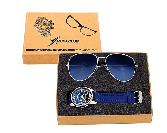 Rich Club Analogue Blue Dial Casual Leather Strap Watch With Aviator Sunglass Free For Men And Boys - 70Blu-Snglas