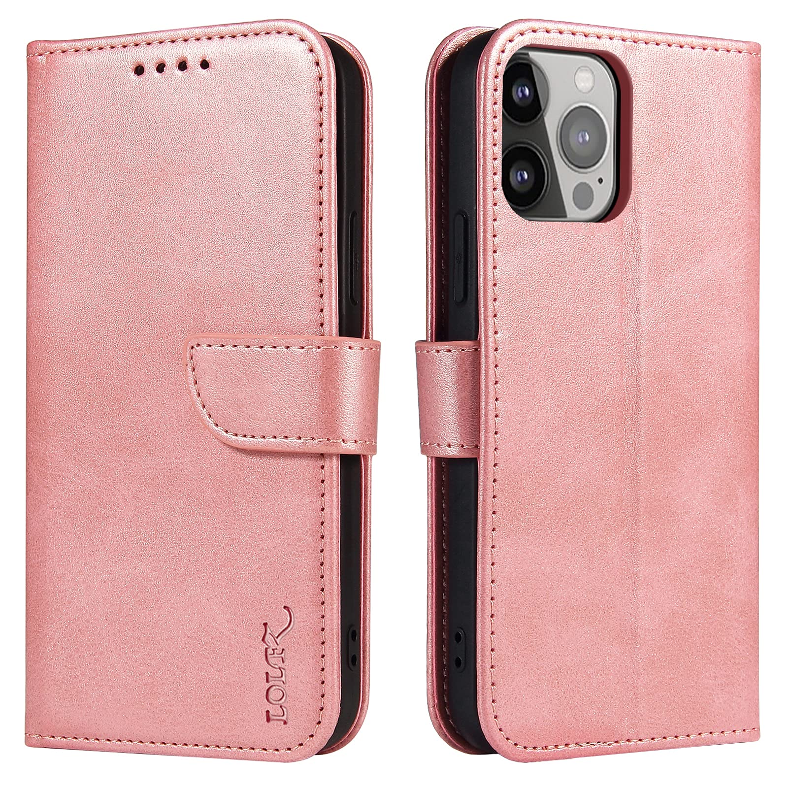 LOLFZ Wallet Case for iPhone 13 Mini, Vintage Leather Book Case with Card Holder Kickstand Magnetic Closure Flip Case Cover for iPhone 13 Mini - Rose Gold