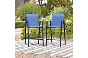 STABRECH Outdoor Bar Stools Set of 2, 44'' Patio Bar Chairs with Textile High Back, Bar Height Chairs with Straight Armrest and Footrest, Blue