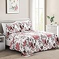 Marina Decoration Ultra Soft Silky Deep Pocket Rich Printed Bedding Rayon Derived from Bamboo All Season 6 Pieces Sheet Set with 4 Pillowcases, Pink Red Floral Pattern Queen Size