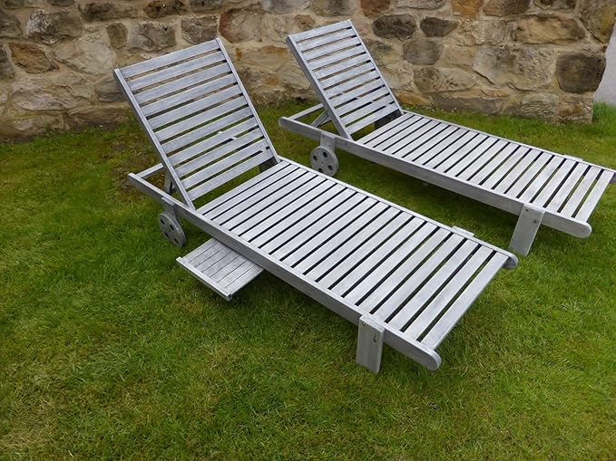 Set of 2 Wooden Sun Loungers Antique Grey Wheeled Garden Sun Lounger