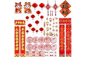 DUNCHATY 68PCS Chinese New Year Decoration, 2025 Lunar New Year Decor Red Paper Lanterns Felt Lucky Hanging Ornaments Chinese Fu Character Window Decor Chinese Couplets for Spring Festival Party Décor