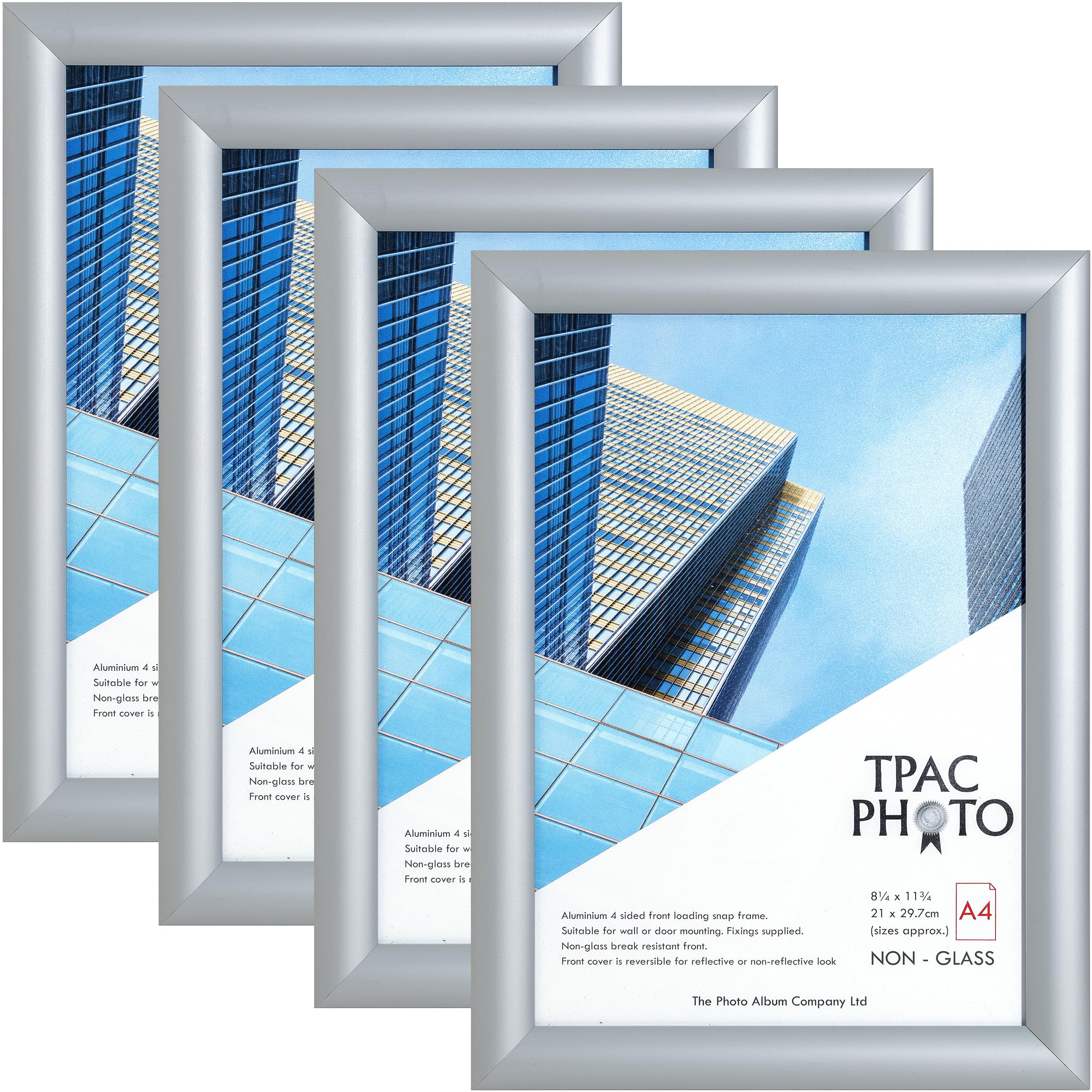 The Photo Album Company Limited | Snap Frame Pack | A4 (21x30cm), Silver, Satin Finish, Metal, Acrylic Front, Wall Mount | Rectangular Design for Posters, Certificates, Photos