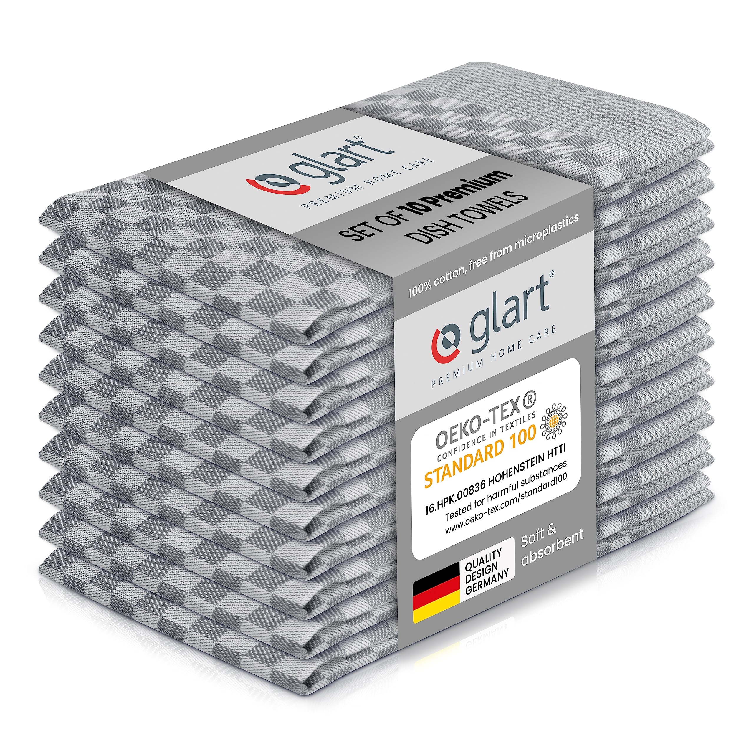 Glart 48SG Set of 10 Kitchen Towels 50x70 cm, 100% Cotton in Grey, OEKO-TEX Standard 100 certified, lint-free, washable, pre-washed for kitchen and dishwashing.
