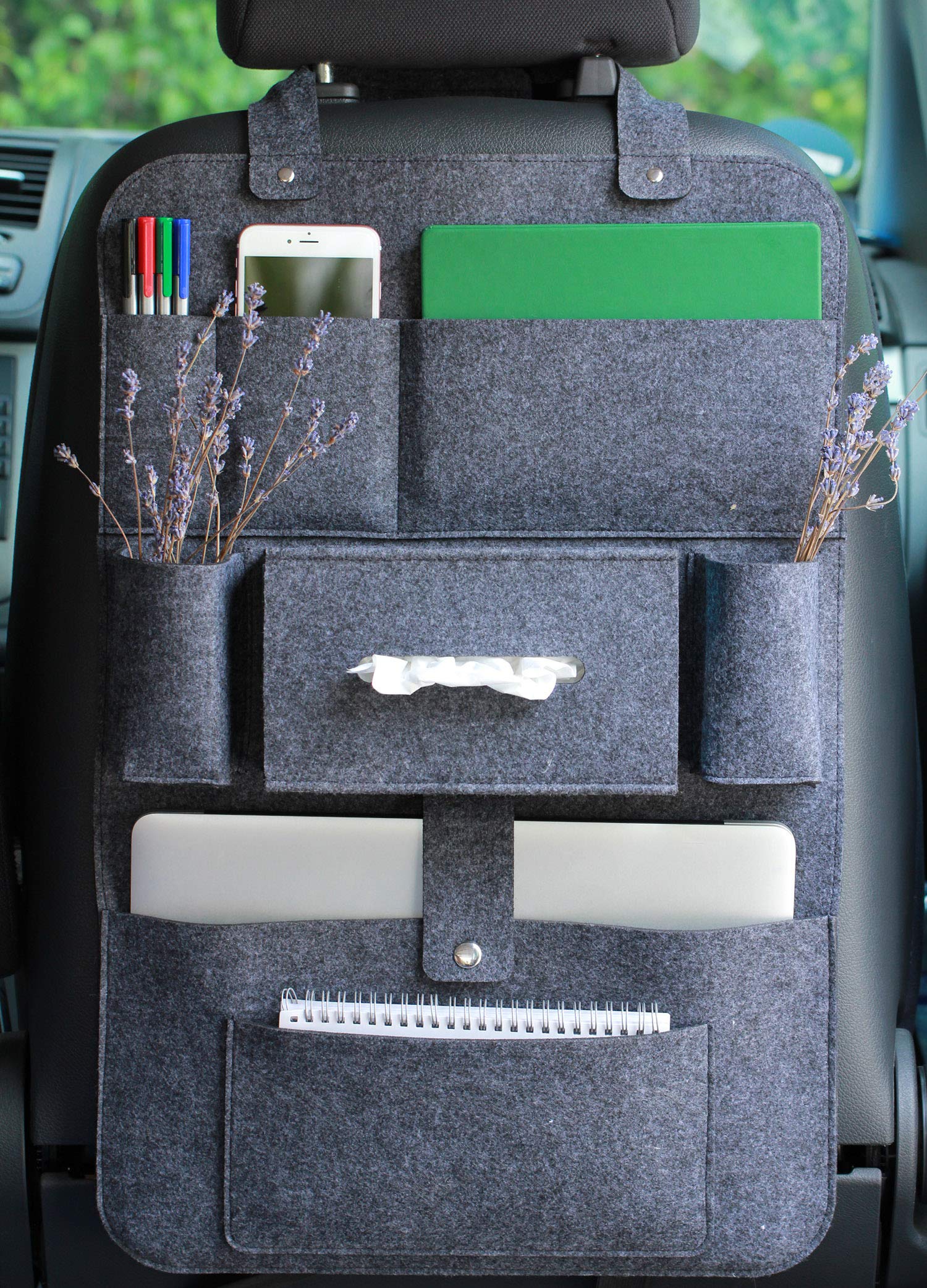 Lucky Sign - Car Organiser Seat Protection with Multiple Storage Options for Front and Back Seat Motorhome accessories interior, 62x41cm - Dark Grey