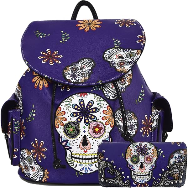 Punk Sugar Skull Rivet Stud Biker Backpack with Wallet Set Amazon.com: Cowgirl Trendy Sugar Skull Punk Art Rivet Stud  main image 4