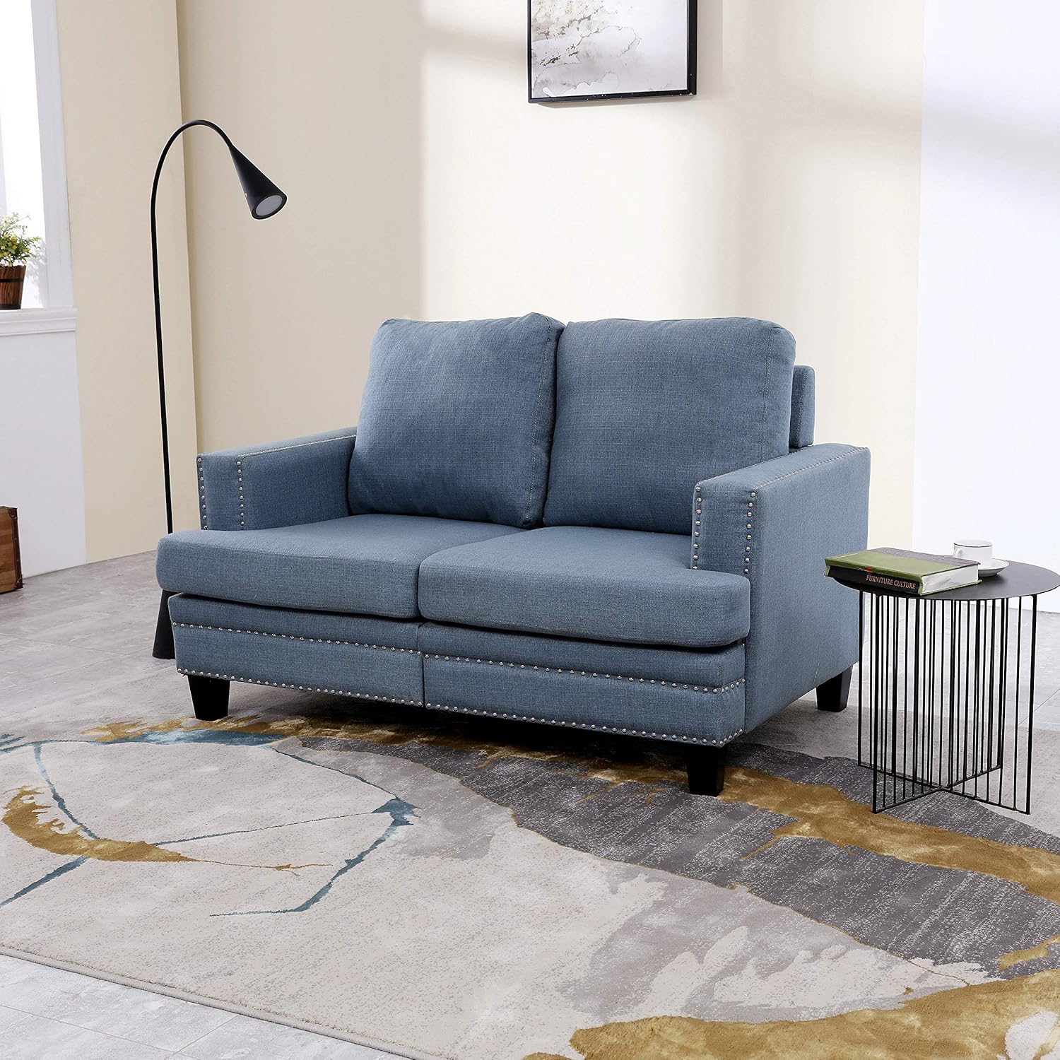 LOKATSE HOME Classic Upholstered 52 Inch Wide Loveseat Sofa Living Room Furniture Couch with Sturdy Wood Frame Construction, 2-Seat, Blue: Furniture & Decor